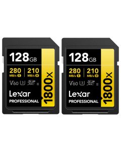 2 x Lexar SDXC Pro 1800x U3 V60 UHS-II 128GB 280MB/s -muistikortti