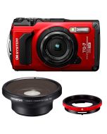 OM SYSTEM Tough TG-7 -kompaktikamera, punainen + Fisheye FCON-T01 Kit