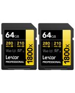 2 x Lexar SDXC Pro 1800x U3 V60 UHS-II 64GB 280MB/s -muistikortti