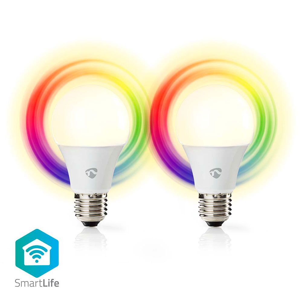 Nedis SmartLife -LED-älylamppu, E27, valkoisen sävyt + RGB, Wi-Fi, 806 lm, 2-pack
